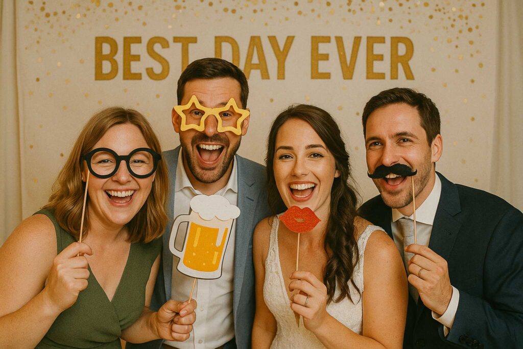 Gruppenfoto bei einer Hochzeit mit Fotobox im Hintergrund