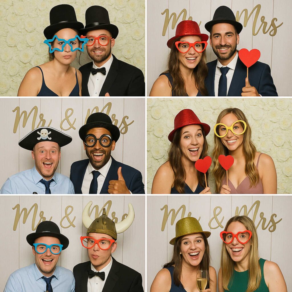 Gäste einer Hochzeitsgesellschaft posieren mit Accessoires vor einer Fotobox bei einer Hochzeit