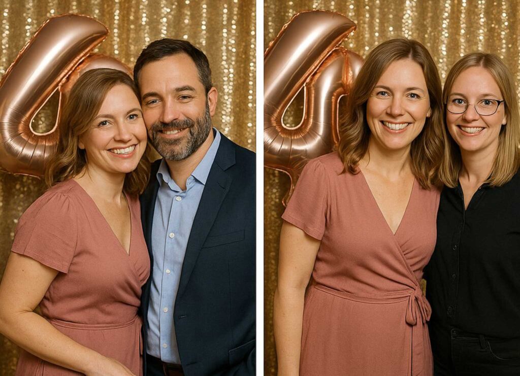 Professionelle Fotobox-Bilder vom 40. Geburtstag mit Ballondekoration, goldener Glitzerwand und hochwertiger Beleuchtung.
