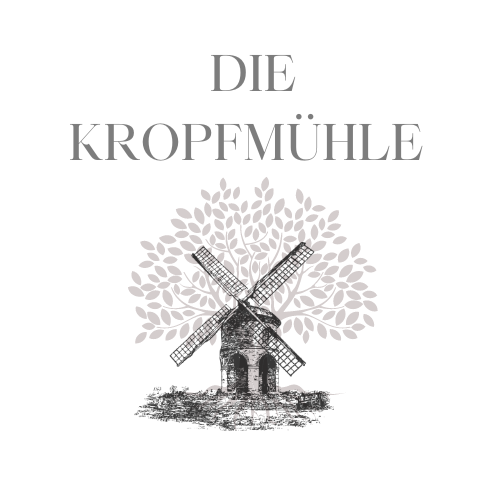 Illustratives Logo der Hochzeitslocation Die Kropfmühle im Seewald mit einer stilisierten historischen Mühle.
